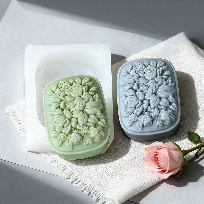 Soap Making Kit For Beginners - 正方形の花柄シリコンソープモールド、バラとクチナシ模様、再利用可能な手作り石鹸作りツール、家庭用品、装飾ギフト